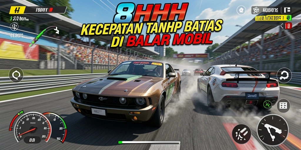 Tampilan aksi balapan mendebarkan di 8HHH dengan mobil yang melaju kencang.
