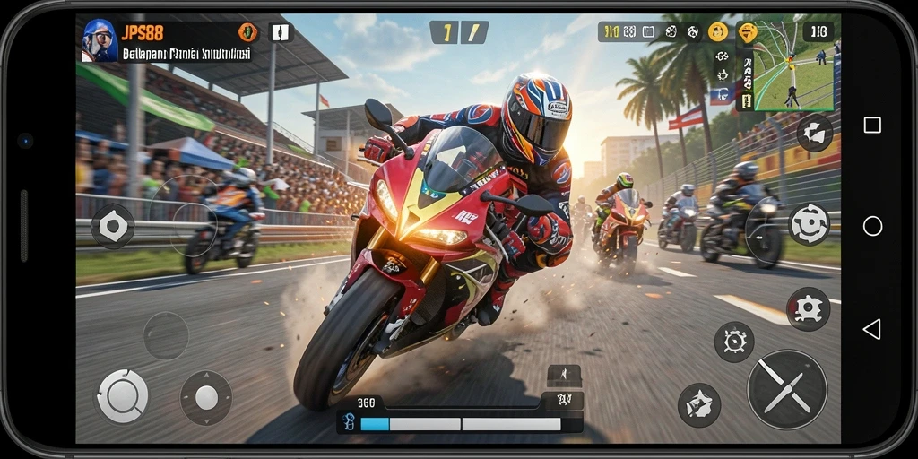 Gameplay balap motor JPS88 yang mendebarkan di lintasan.