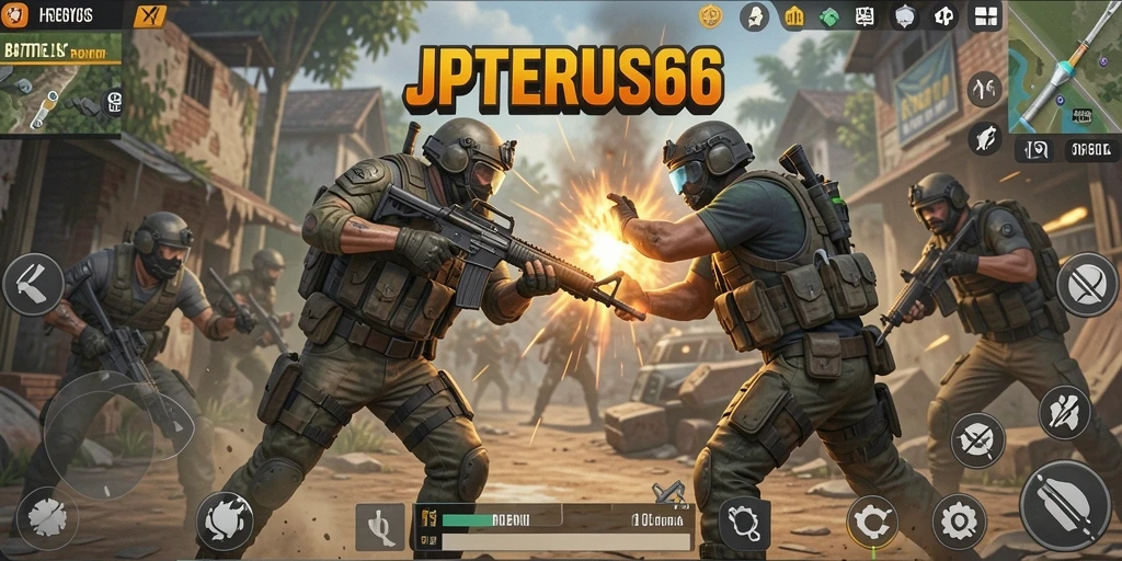 Screenshot gameplay JPTERUS66 menampilkan pertempuran seru di arena Battle Royale.