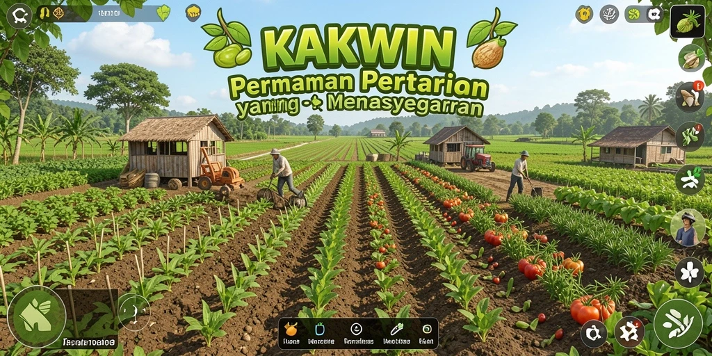 Tampak screenshot gameplay KAKWIN dengan aktivitas pertanian yang seru.