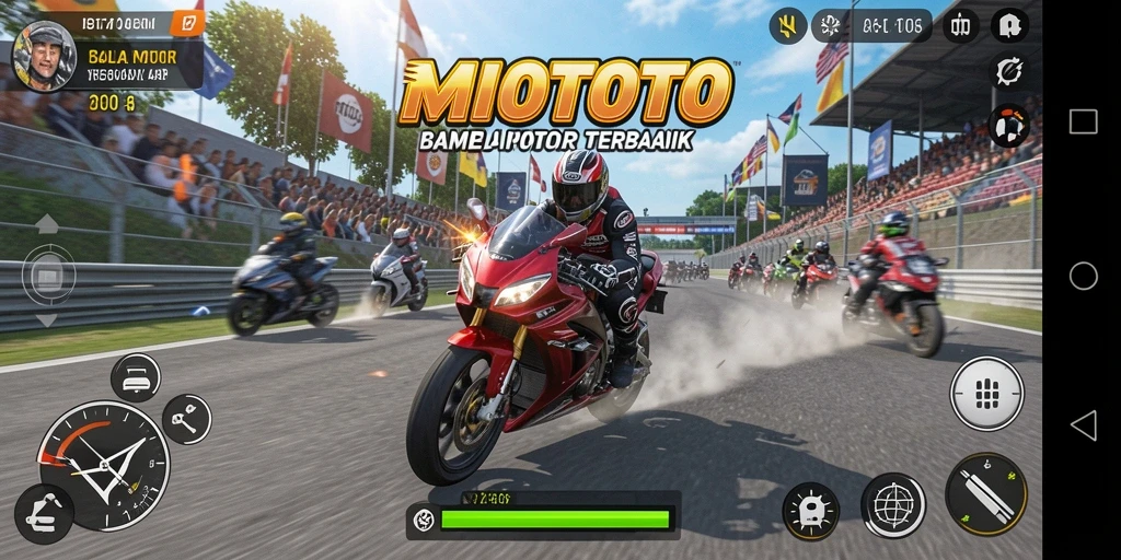 Screenshot utama MIOTOTO menampilkan aksi balap motor yang mendebarkan.